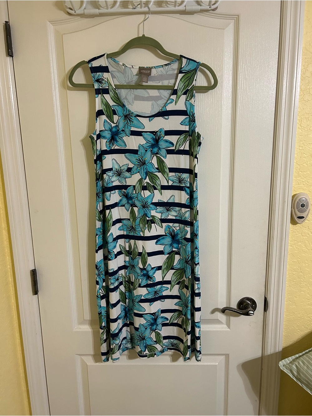 Chico's White and Navy Striped Midi Dress with Teal Floral Print
